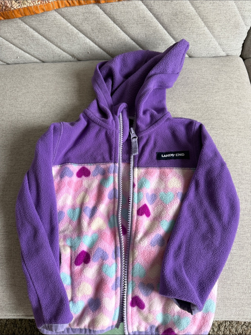 Lands' End Purple Hooded Fleece Jacket with Pastel Heart Print